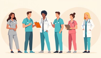 Group of healthcare professionals in a discussion, wearing various medical uniforms and holding documents.
