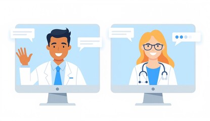 Two healthcare professionals engaging in a video call, displayed on computer screens with speech bubbles.