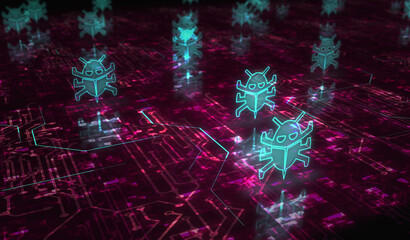 Cyber security worm digital attack symbol digital concept 3d illustration