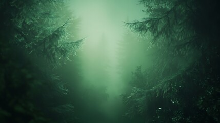 Misty Forest Scene with Evergreen Trees and Green Fog