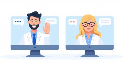 Two medical professionals engaging in a video call on computer screens