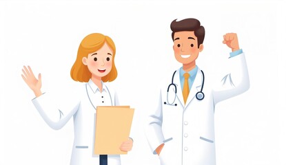Two medical professionals, a woman holding a clipboard and a man with a stethoscope, both smiling and gesturing enthusiastically.