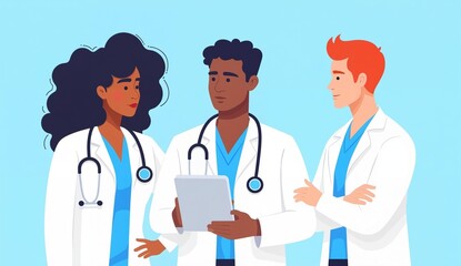 Three medical professionals in lab coats discussing while holding a tablet