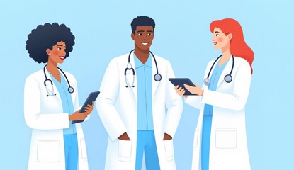 Three medical professionals in lab coats discussing while holding digital devices