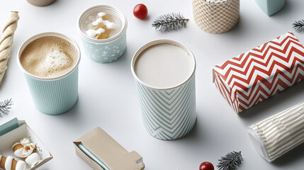 Stylish disposable cups and festive packaging create cozy atmosphere for seasonal treats and beverages. Perfect for holiday gatherings