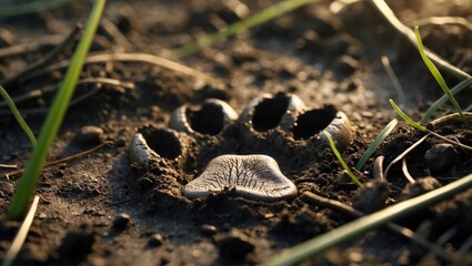 A paw print impression in the dirt with grass and soil surrounding it.