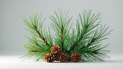 Fototapeta premium Fresh pine branches with pine cones. Natural winter decoration, holiday, Christmas, New Year, festive, rustic, seasonal, outdoor, holiday season, green, brown.