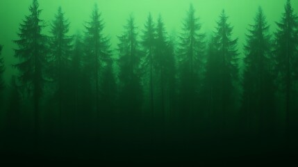 Dark Evergreen Trees in Foggy Forest Landscape Creating Atmospheric Scene
