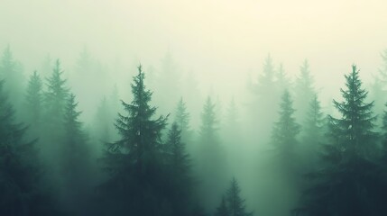 Misty Forest Landscape with Evergreen Trees in Foggy Mountain Scenery