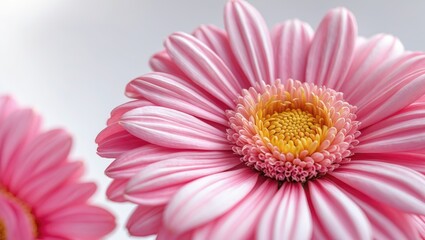 Close-up of a pink and white daisy flower with yellow center. Botanical and floral, nature, bloom. The beauty of flowers and garden.