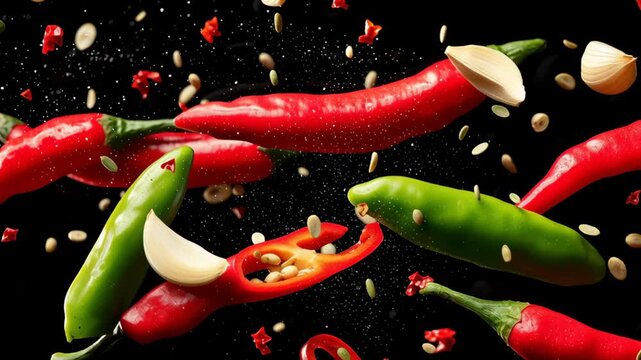 Fresh red and green chili peppers with garlic cloves and scattered seeds create vibrant spicy cooking ingredient scene full of fresh flavor and heat