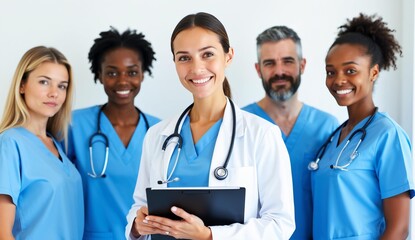 Group of healthcare professionals in blue scrubs with stethoscopes, smiling at the camera.