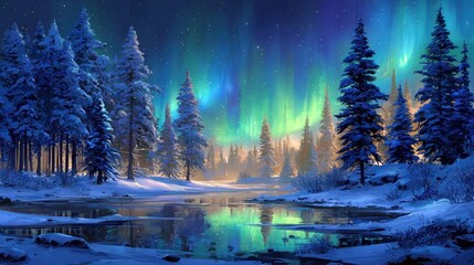 Winter forest at night with aurora