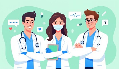 Three medical professionals in lab coats, one wearing a mask, holding a clipboard with speech bubbles and medical icons around them.