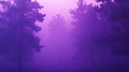 Enigmatic Forest Trees in Heavy Fog with a Monochromatic Purple Haze