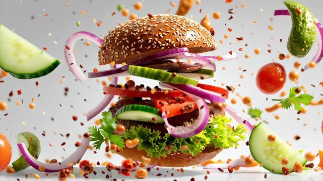 Fresh sesame seed bun burger with lettuce tomato cucumber red onion chili and sauce splashing dynamically in mid air full of vibrant flavor and energy