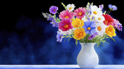 beautiful watercolor painting of vibrant bouquet filled with colorful flowers white vase, set against dark background. arrangement features mix of