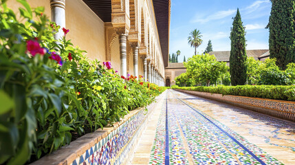 beautiful garden pathway lined with vibrant flowers and intricate mosaic tiles, showcasing serene atmosphere and lush greenery