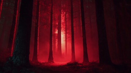 Mysterious Red Lit Forest Landscape with Tall Trees and Foggy Atmosphere