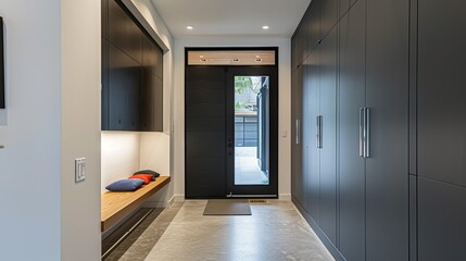 Modern entryway with sleek gray and white walls. Custom-built wardrobe for spacious storage. Front door prioritizes security with high-quality construction.