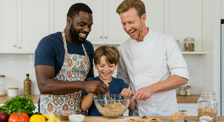 Família gay com dois pais e criança filho cozinhando juntos, família feliz e sorridente