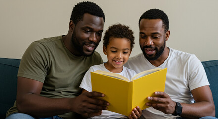 Família gay com dois pais e criança filho lendo livro juntos, família feliz e sorridente
