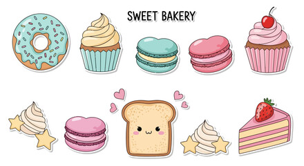 Cute cartoon bakery stickers featuring various sweet treats like donuts, cupcakes, macarons, and bread.
