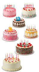 Assorted Birthday Cakes With Candles Isolated