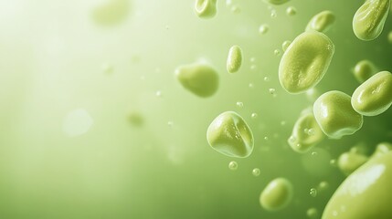 Floating Green Organic Cells with Bubbles Against Gradient Background