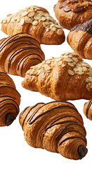 Assorted Croissants with Chocolate Drizzle Almond Flakes Isolated Photo