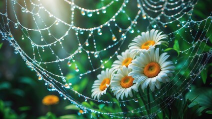 Dew-covered spider web among daisies in the garden with sunlight shining through, nature, and macro photography.