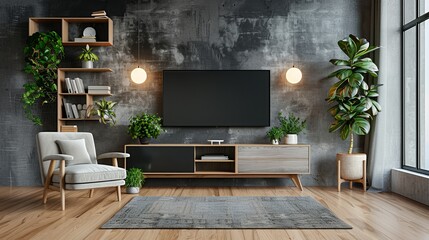 Modern living room with a sleek TV, cozy armchair, and stylish accents.