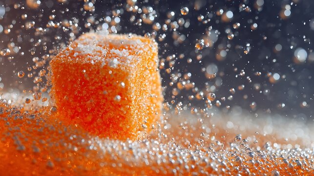 Macro shot of sugar cube dissolving into fizzy orange soda