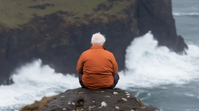 Contemplative Moment: An older man sits on a rocky cliff overlooking the powerful ocean, finding peace and reflection amidst the crashing waves.