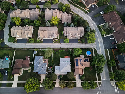 Aerial View of Suburban Neighborhood: Townhomes and Residential Streets