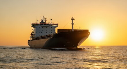 Obraz premium Maritime shipping transport vessel sailing offshore at sunset emphasizing global logistics and supply chain.