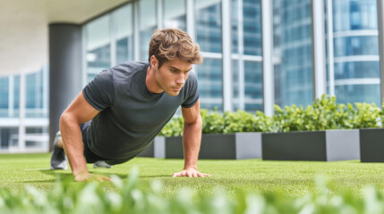 Athletic man doing pushups workout exercise on green grass outdoors near modern office building during fitness training routine for healthy lifestyle.