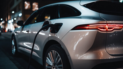Electric car charging at night in city street, modern vehicle plugged into charging station with glowing red taillights and urban bokeh background.