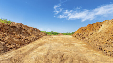 clear view of construction site with freshly leveled dirt, surrounded by mounds of earth bright blue sky, evokes sense of progress and potential