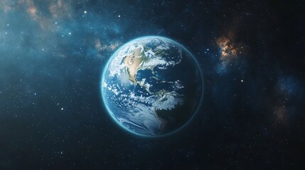 Earth Planet Orbiting in Space with Stars and Nebula Backdrop