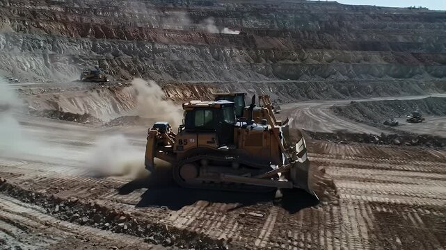 Powerful Bulldozer Operating in a Dusty Open-Pit Mine, Moving Earth for Resource Extraction and Industrial Production