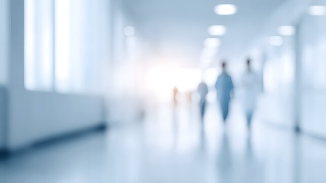 Bright medical hallway with doctors and nurses walking, clinical lighting. 