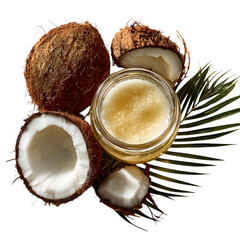 Halved coconut and a glass jar of coconut oil arranged in balanced symmetry with stylized lighting to reveal creamy texture and coarse husk detail, isolated on transparent background. 