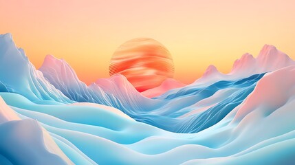 Surreal Mountain Landscape with Rising Sun and Dreamy Pastel Colors