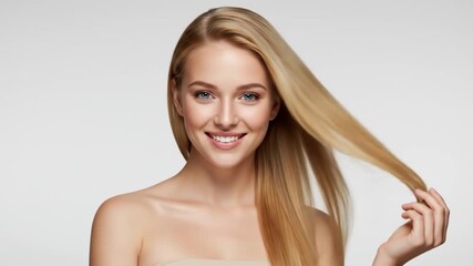 Attractive woman with long blonde hair displays natural beauty and a gentle hand gesture