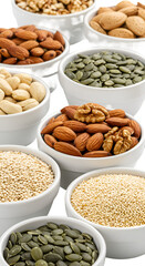 Assortment of Nuts and Seeds in Bowls on White Background