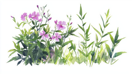 vibrant watercolor illustration of delicate pink flowers and lush green foliage, evoking sense of tranquility and natural beauty
