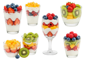 Assortment of Yogurt Parfaits with Fresh Fruits Isolated on Transparent Background