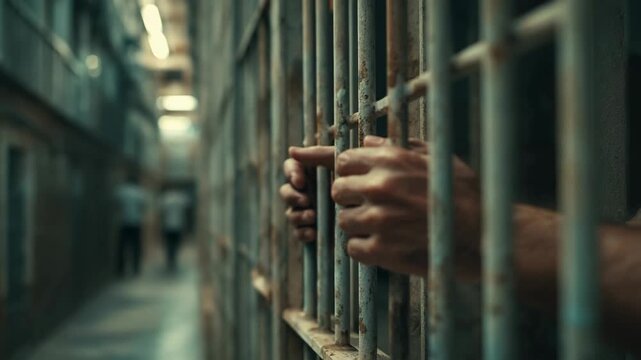 Rusty jail cell bars with prisoner hands gripping in dim corridor