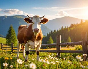 Cheerful Cow in Green Pasture with Wooden Fence and Wildflowers